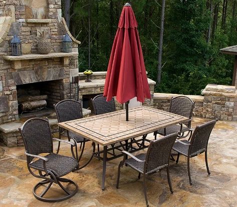 Patio Umbrella Lights, Unique Outdoor Spaces, Outdoor Dining Table Setting, Wicker Dining Chairs, Outdoor Wicker Furniture, Outdoor Patio Furniture Sets, 7 Piece Dining Set, Travertine Tile, Outdoor Rocking Chairs