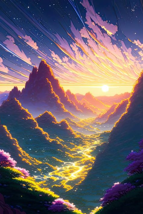 Simplicity in Artistic Expression: Painting Ideas Sunrise Fantasy Art, Digital Art Fantasy Magic, Sunrise Digital Art, Fantasy Setting Art, Rising Sun Wallpaper Aesthetic, Magical Landscape Painting, Sun Pictures Art, Fantasy Background Art, Fantasy Sunrise