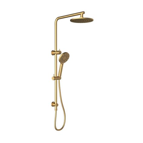 Cesena Hali Brushed Gold Multifunction Shower Rail  Shower rail unit Top water entry Solid brass construction Built in diverter switch PVD brushed gold finish 3 function hand held head  1.5m double hooked Stainless steel hose 5 years warranty WELS Information 3 Stars, 8.5L Registration number: S11419 Gold Tap Bathroom, Gold Bathroom Fittings, Gold Shower Head, Laundry Reno, Rimless Toilet, Brushed Gold Bathroom, Sinks Kitchen Stainless, Double Shower, Shower Rail