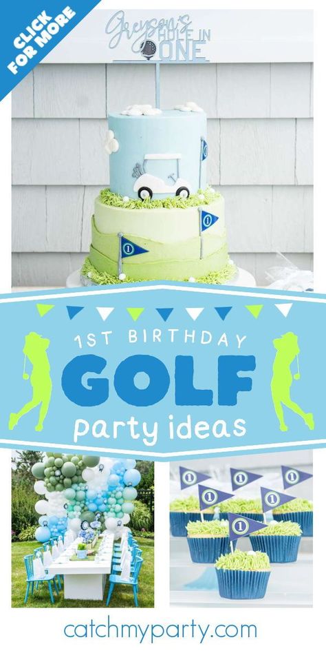 Take a look at this cute golf-themed 1st birthday party! The cupcakes are wonderful! See more party ideas and share yours at CatchMyParty.com Golf Theme One Year Old Party, Hole In One First Birthday Centerpieces, Fore Golf Birthday Party, Golf Themed 1st Birthday Party, Hole In One First Birthday Food Ideas, Hole In One First Birthday Cake, Masters First Birthday Party, 1st Birthday Golf Theme, Golf Themed First Birthday Party