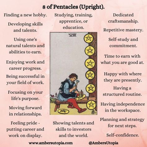 This is the 8 of Pentacles from the suit of pentacles of the tarot deck. This image highlights and describes the meanings and interpretations that can be gathered from the 8 of pentacles. 

These meanings and interpretations can apply to all types of readings, including general, romance, family, relationship, career, finance, health and many more.

#Tarotcardmeanings #8ofpentacles #suitofpentacles #tarot #tarotmeanings #eightofpentacles #psychic #tarotcards #mediumship #tarotdeck 8 Of Coins Tarot Meaning, Eight Pentacles Tarot Meaning, 8 Of Pentacles Reversed, Ace Of Coins Tarot Meaning, 8 Pentacles Tarot Meaning, 7 Of Pentacles Tarot Meaning, Six Of Pentacles Tarot Meaning, 8 Of Pentacles Tarot Meaning, 10 Of Pentacles Tarot Meaning