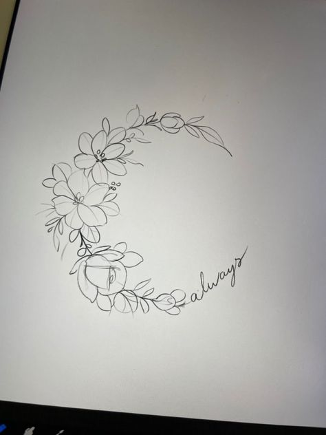 Flower Semi Circle Tattoo, Flower Crescent Tattoo, Orchid Crescent Moon Tattoo, Half Moon Floral Tattoo, Moon Family Tattoo, Half Circle Flower Tattoo, Floral Wreath Tattoo Design, Ring Of Flowers Tattoo, Circle Of Flowers Tattoo