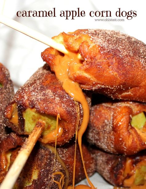 ~Caramel Apple Corn Dogs! | Oh Bite It Deep Fried Fair Food, Deep Fried Recipes, Corndog Recipe, Fried Dessert, State Fair Food, Carnival Food, Deep Fried Food, Bistro Food, Halloween Dinner