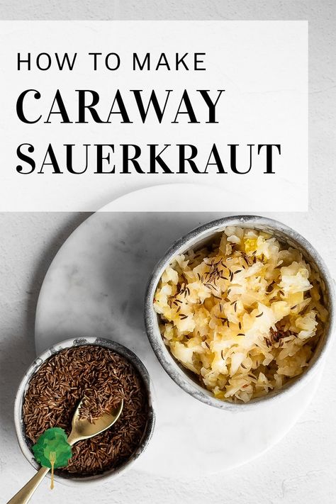 With its bright pops of caraway seeds, this sauerkraut recipe is a delicious variation on the classic. It's easy to make, you'll just need cabbage, salt and caraway seeds. Sauerkraut Recipe, Fermenting Jars, Homemade Sauerkraut, Sauerkraut Recipes, Fermented Vegetables, Vegetarian Cabbage, Healthy Bacteria, Caraway Seeds, Unprocessed Food