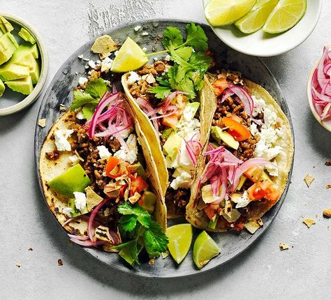 Next level minced beef tacos Mushroom Tacos, Beef Tacos, Drink Photography, Bbc Good Food, Pickled Onions, Bbc Good Food Recipes, Tacos Beef, Meal Deal, Taco Recipes