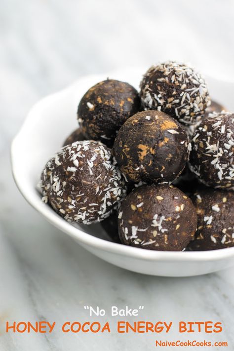 No Bake Honey Cocoa Energy Bites | Naive Cook Cooks Banana Bread Energy Bites, Paleo Energy Bites No Bake, Apricot Energy Bites, Engery Bites Energy Balls, Postpartum Energy Bites, Protein Balls Recipes, No Bake Energy Bites, Healthy Sweet Snacks, Healthy Protein Snacks