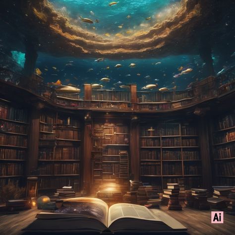 Underwater Library, Ocean Library, Library Vibes, Secret Library, Fantasy Inspo, Thumbnail Background, Book Obsession, Wind Rose, Library Room