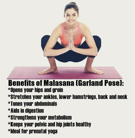 Health Benefits of Garland Pose (Malasana) Malasana Pose Benefits, Garland Pose Yoga, Yoga Bodies, Malasana Pose, Yoga Rope, Garland Pose, Yoga Prenatal, Yoga Ball Exercises, Yoga Techniques