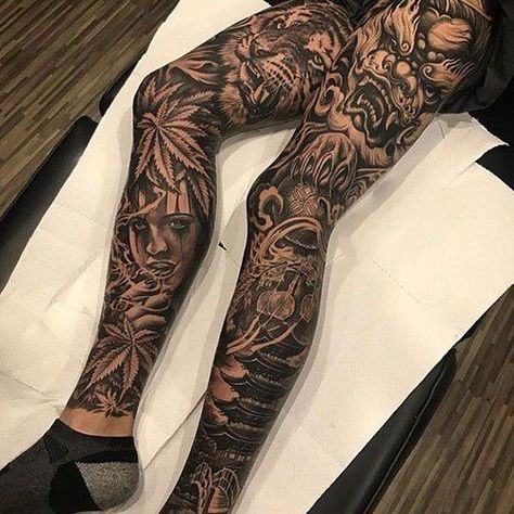 When we talk about sleeve tattoos you remember about the arm, but they can also be applied to the leg. A leg sleeve tattoo is a design that covers all the sides of your leg from the ankle to the knee or upper leg. Be ready to make a tattoo like this, because it’s going to take time! Full Upper Body Tattoo, Upper Leg Tattoo Men, Upper Body Tattoo, Full Leg Tattoo, Leg Tattoos For Men, Upper Leg Tattoos, Best Leg Tattoos, Guys Tattoos, Full Leg Tattoos