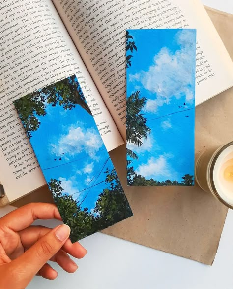 Book Mark Painting Ideas, Bookmarks Ideas, Bookmark Art, Handmade Bookmarks Diy, Bookmarks Diy, Sky Art Painting, Landscape Painting Tutorial, Oil Pastels Painting, Color Drawing Art