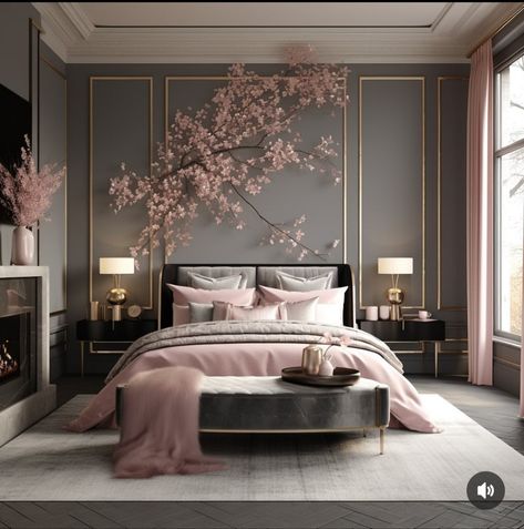 Grey Room Ideas Bedroom Aesthetic, Couple Bedroom Color Ideas, Pink And Gold Bedroom, Feminine Bedroom, Glam Bedroom, Classy Bedroom, Gold Bedroom, Pink Bedrooms, Bedroom Design Ideas