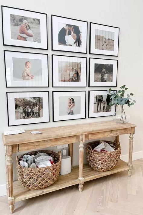 My favorite family picture wall ideas that are both sentimental AND stylish #familyphotowall #familypicturewall #galerywall Mantle Statement Piece, Home Inside Entrance Ideas, Light Bright And Airy Home, Decorating Back Patio, Boho Hallway, Family Pictures On Wall, Modern Farmhouse Wall Decor, Home Entrance Decor, Entrance Decor