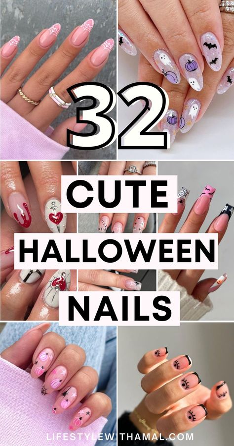 Looking for cute Halloween nails? Take a look at these spooky cute Halloween nail designs that are bound to capture your attention! They're so creepy yet easy to copy too. cute Hallooween nails short | cute Halloween nails acrylic Cute Halloween Nail Art Designs, Acrylic Nails Halloween Simple, Halloween Nails Pretty, Super Cute Halloween Nails, Nails Halloween October Simple Ideas, Halloween Nail Art Almond Shape, Cute Basic Halloween Nails, Halloween Summer Nails, Spooky Simple Nails