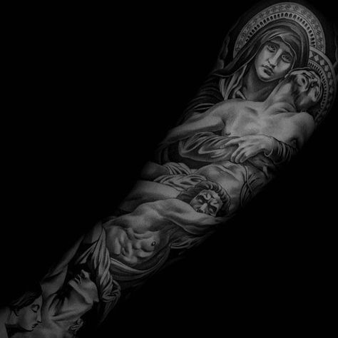 Shaded Guys Mother Mary Holding Jesus Full Arm Sleeve Tattoo Design Ideas Jun Cha Tattoo, Mary Holding Jesus, Christus Tattoo, Tattoos Mandala, Religious Tattoo, Tattoo Prices, Jesus Tattoo, Tattoos Geometric, Full Sleeve Tattoos