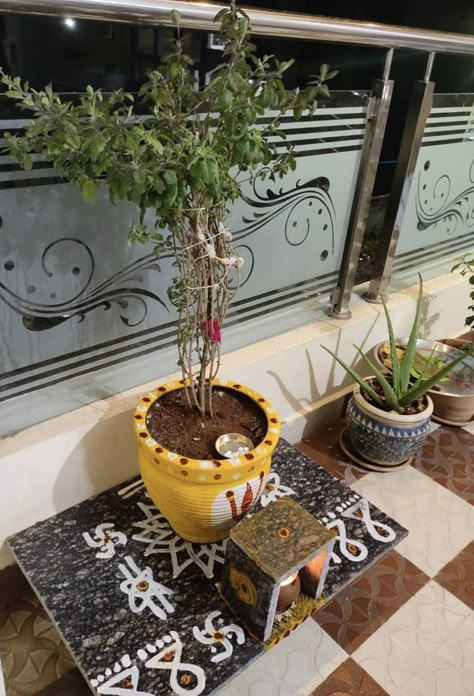 Tulasi Plant In Balcony, Tulasi Decoration, Shiva Bhagwan, Indian House Decor, Tulasi Plant, Tulsi Pot, Tulsi Vivah, Fish Pond Gardens, Indian Room Decor