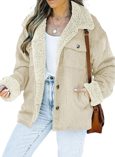 Corduroy Fabrication, Sherpa lining, Solid Color, Turn-Down Collar, Front Button Closures, Bust Pockets, Welt Side Pockets, Boyfriend Style, Loose Fit Jackets. You can pair this fashion jacket with variety of tops, sweater, jeans, denim shorts, skirts, jeggings, sneakers or heels to complete casual look that's easy to love all season long. The sherpa jacket outwear is perfect choice for your daily wear, outdoor activities, shopping, club, party, dates and any other occasions in Fall and Winter Corduroy Sherpa Jacket, Corduroy Coat, Fur Collar Coat, Womens Jackets Casual, Collared Coat, Outwear Jackets, Jacket For Women, Boyfriend Style, Sherpa Jacket