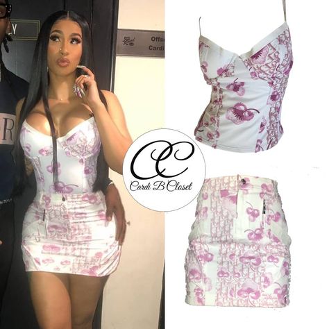 Cardi B Closet💎 on Instagram: “@iamcardib | Los Angeles | July 17,2019 - She Wear A Vintage @dior by Jonh Galliano  cherry blossom monogram pink Set” Dior Monogram Outfit, Dior Cherry Blossom, Cherry Blossom Dress, Dior Monogram, Style Moodboard, Monogram Outfit, Dior Dress, Pink Set, July 17