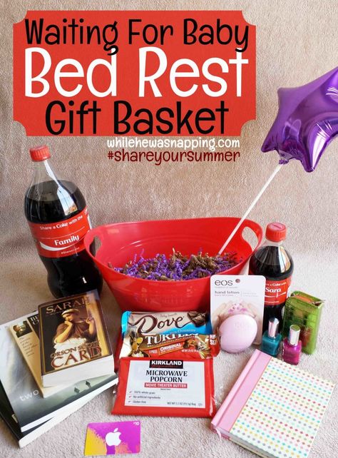 bed rest gift basket hero portrait [but make with less crap] Bed Rest Care Package, Baby Bed Basket, Bed Rest Pregnancy, Waiting For Baby, Bed Rest, Basket Uses, Pregnant Friends, Simple Baby Shower, Baby Gift Basket