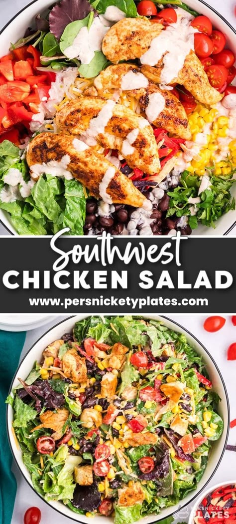 This fresh Chick-fil-A salad is a perfect copycat! Southwest chicken salad starts with spicy grilled chicken, mixed with fresh veggies, topped with a spicy-sweet salad dressing, and finished with crunchy tortilla strips. This colorful salad is loaded with southwest flavors and plenty of texture! | www.persnicketyplates.com Spicy Chicken Salad Recipe, Loaded Chicken Salad, Chicken Salad With Peanut Dressing, Creamy Salsa Dressing, Sweet Salad Dressings, Southwest Salad Recipe, Salsa Dressing, Sweet Salad, Persnickety Plates