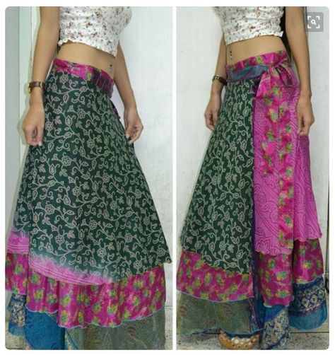 3 Layers Long Wrap Skirt - India recycled Sari fabric - 2 Tie Straps - This is 2 Indian skirts put together with a new waist band. India Sari, Layers Long, Magic Skirt, Sari Skirt, Long Wrap Skirt, Indian Skirt, Indian Saris, Wrap Skirts, Patchwork Skirt