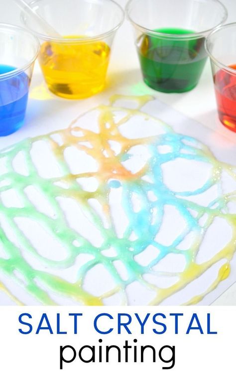 Try salt crystal painting! A fun science and art activity for preschool kids! #preschoolSTEAM #Preschoolscience #preschoolart #STEAMactivities Crystal Painting, Steam Activity, Science Week, Preschool Science Activities, Kid Experiments, Crystal Flowers, Steam Activities, Painting Activities, Salt Crystal