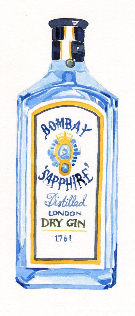 Watercolour Bombay Sapphire gin Bombay Sapphire Gin, London Gin, Bottle Drawing, Bombay Sapphire, London Dry Gin, Cocktail Art, Gin Bottles, Gin Tonic, Dry Gin