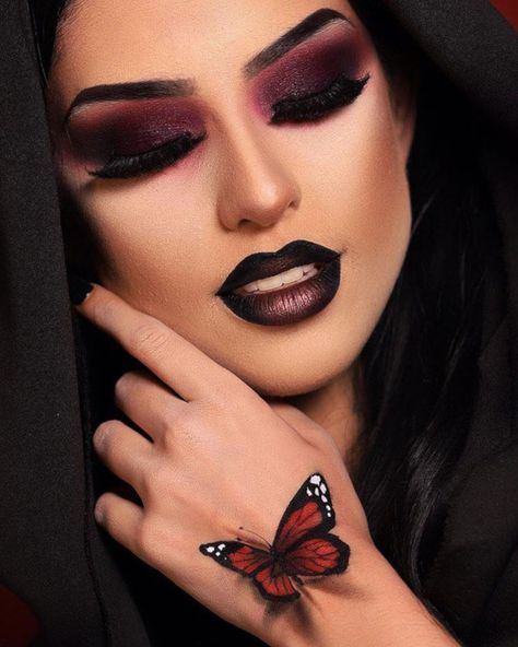 #vampymakeup #makeuplooks #burgundymakeup #ombrelips #monochromemakeup #halloweenmakeup Vampire Makeup Looks Aesthetic, Unholy Makeup, Halloween Smokey Eye, Vampy Makeup Halloween, How To Do Vampire Makeup, Vampire Bride Makeup, Vampire Make Up For Women, Sultry Vampire Makeup, Goth Wedding Makeup Brides