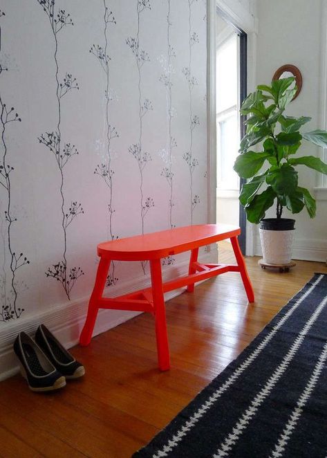 Wallpaper Hallways, Orange Bench, Indoor Chair Cushions, Plants Wallpaper, Hallway Makeover, Fig Plant, Fiddle Fig, Fiddle Leaf Fig Tree, Modern Hallway