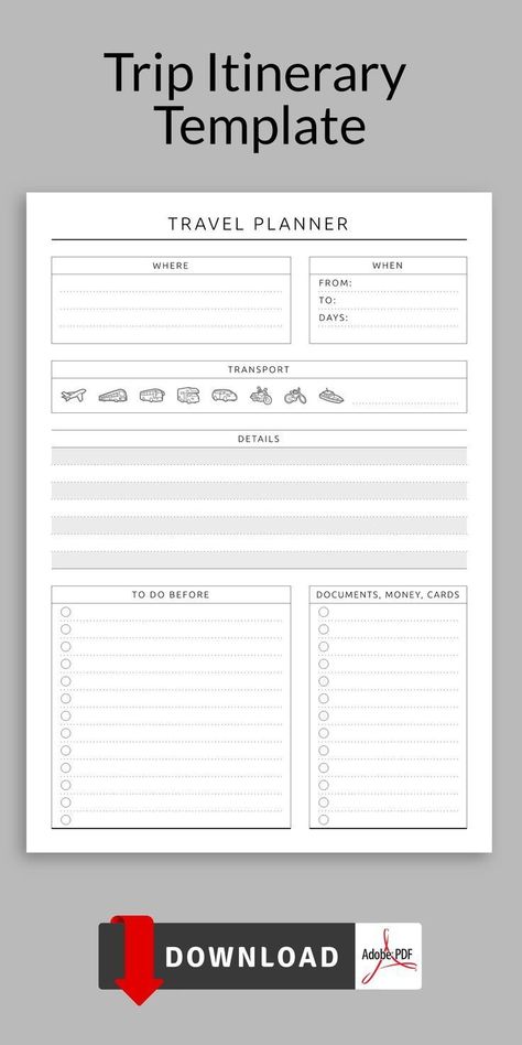 Trip Itinerary Template | Printable Planner by  Kellie Stevens Trip Itinerary Template, Trip Planning Template, Vacation Itinerary Template, Vacation Planner Template, Travel Itinerary Planner, Travel Planner Template, Free Planner Templates, Daily Planner Printables Free, Travel Printables