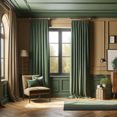 tan walls and forest green curtains Green Curtains Living Room Ideas, Forest Green Curtains, Brown Curtains Living Room, Green Curtains Living Room, Emerald Green Curtains, Olive Green Curtains, Sage Green Curtains, Curtain Colors, Turquoise Curtains