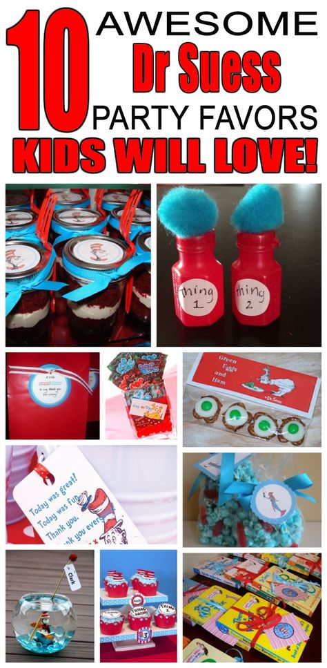 Great dr seuss party favors kids will love. Fun and cool dr seuss birthday party favor ideas for children. Easy goody bags, treat bags, gifts and more for boys and girls. Get the best dr seuss birthday party favors any child would love to take home. Loot bags, loot boxes, goodie bags, candy and more for dr seuss party celebrations. Dr Suess Party Favor Ideas, Cat In The Hat Party Favors, Dr Seuss Goodie Bag Ideas, Dr Seuss Party Favors, Doctor Suess Birthday, Dr Seuss Gifts, Dr Seuss Party, Cat In The Hat Party, Awesome Party Favors