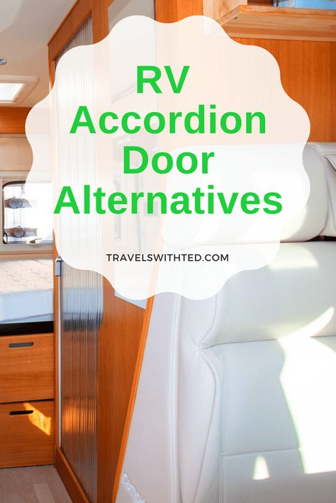 Looking for RV accordion door alternatives or other RV door makeover ideas? Look no further! We have 8 great RV bedroom door ideas and RV bathroom door ideas that are attractive, lightweight and easy to install. Click now to find your RV accordion door replacement today. Rv Bedroom Door Curtain Ideas, Rv Door Curtain Ideas, Rv Bathroom Door Makeover, Camper Bedroom Door Ideas, Accordian Door Replacement, Rv Closet Door Makeover, Rv Bedroom Door Ideas, Rv Interior Door Ideas, Accordian Door Diy