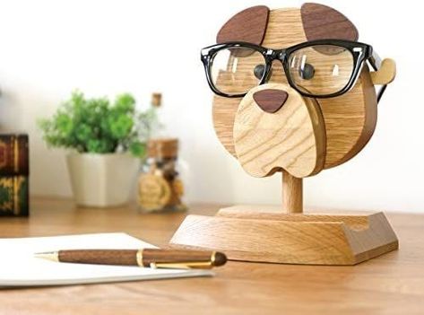 Eyeglass Holder Stand, Home Office Desk Decor, Wood Art Projects, Small Woodworking Projects, Easy Wood Projects, Wood Dog, Glasses Holder, Office Desk Decor, Scroll Saw Patterns