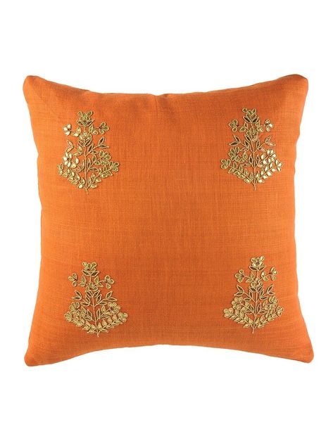 Buy Rust Orange Floral Gota Patti Cushion Cover 16in x 100% Silk Matka Living Spaces Cushions Online at Jaypore.com Sari Embroidery, Deco Pillows, Indian Cushions, Tablet Pillow, Cushion Collection, Pillow Embroidery, Silk Cushions Covers, Cushion Cover Designs, Hand Work Embroidery