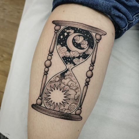 Sun And Moon Sand Timer Tattoo, Neo Trad Hourglass Tattoo, Cool Hourglass Tattoo, Sun Moon Hourglass Tattoo, Time Sand Clock Tattoo, Fantasy Window Tattoo, Sun And Moon Hourglass Tattoo, Hour Glass Tattoo Designs For Women, Neo Traditional Moon Tattoo