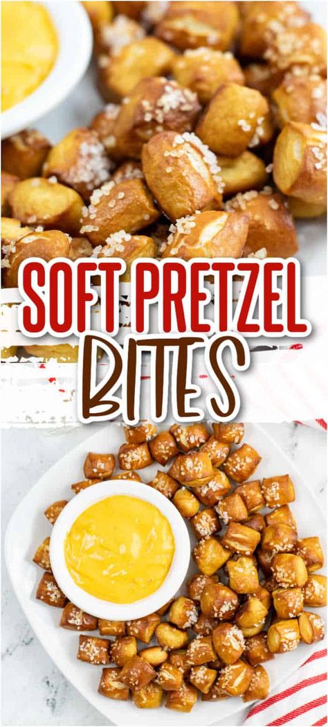 These soft pretzel bites are the perfect snack! Chewy, salty, and perfect for dipping they are great for parties! These easy homemade soft pretzel bites are always a hit with everyone! Diy Pretzels Easy, Quick And Easy Pretzel Bites, Simple Pretzel Recipe, Pretzel Topping Ideas, Homemade Mini Pretzels, Quick Pretzel Bites, How To Make Pretzel Bites, Pretzilla Bites, Pretzel Bites From Biscuits