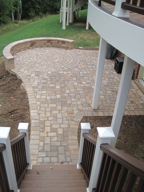 Patio ideas Brown Paver Patio, Patio And Driveway Combo, Patio At Bottom Of Deck Stairs, Paver Bench Seating Areas, Tan Paver Patio, Decking Steps, Paver Base, Patio Extension, Sitting Wall