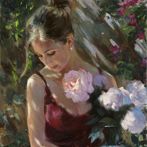 Red With Peonies / Vladimir Volegov Vladimir Volegov Paintings, Volegov Paintings, Vladimir Volegov, Galleria D'arte, Painting Of A Woman, Peony Painting, Painted Ladies, Brown Satin, Women In Art