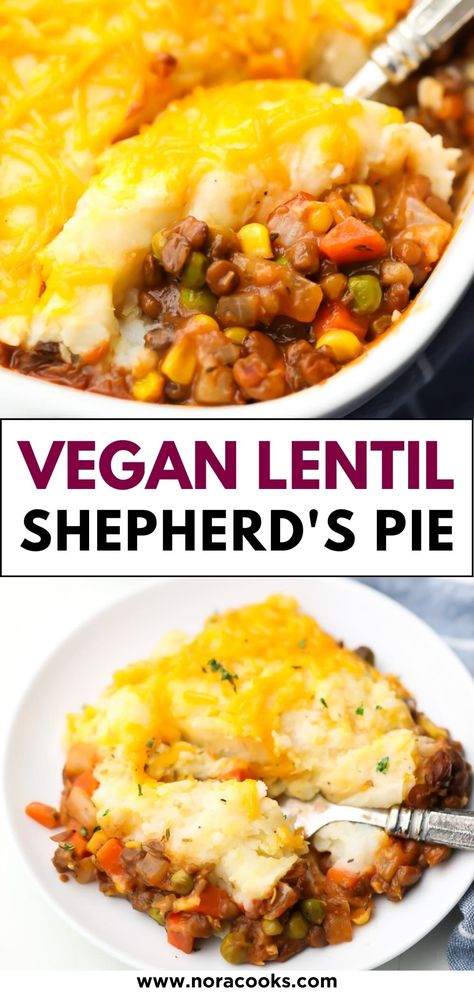 The best vegan Lentil Shepherd’s Pie has a savory and herby lentil filling with soft and cheesy mashed potatoes on top. Enjoy this hearty dish as a family-friendly dinner or freeze it for later! Lentils Vegan, Vegan Shepherds Pie, Vegan Ground Beef, Vegan Casserole, Fluffy Mashed Potatoes, Vegan Lentil, Healthy Comfort, Vegan Main Dishes, Food Vegan