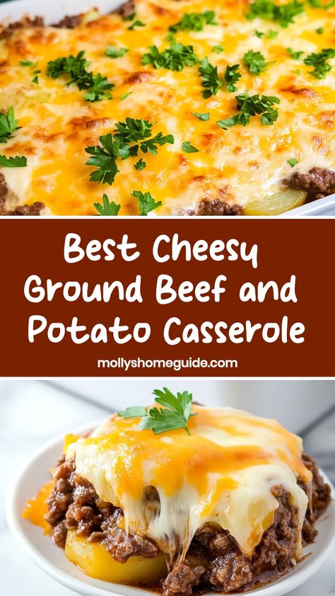 Indulge in the ultimate comfort food with this flavorful and satisfying cheesy ground beef and potato casserole recipe. Layers of seasoned ground beef, tender potatoes, and gooey melted cheese come together to create a hearty dish that's perfect for weeknight dinners or special gatherings. Easy to make and loved by the whole family, this casserole is sure to become a staple in your meal rotation. Potato With Ground Beef Recipes, Burger And Potato Casserole, Ground Beef With Potatoes Recipes, Hamburger And Potatoes Casserole, Ground Beef Potato Recipes, Casseroles With Ground Beef, Potato And Ground Beef, Best Hamburger Casserole Recipes, Beef And Potato Casserole