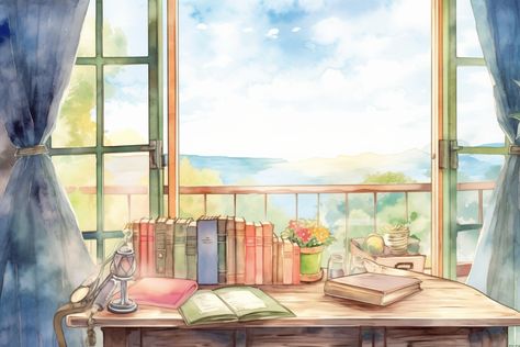 Window View Illustration, Desk By The Window, Summer Desktop Backgrounds, Window Watercolor, Watercolor Desk, Desk Drawing, Desk Window, Window Illustration, Window Crafts