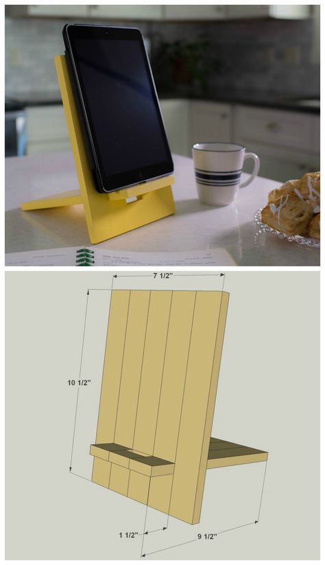 DIY iPad/Tablet Stand :: Find the FREE PLANS for this project and many others at buildsomething.com Diy Tablet Stand, Diy Ipad Stand, Diy Phone Stand, Woodworking Plans Patterns, Ipad Holder, Creation Deco, Diy Cans, Diy Holz, Ipad Stand