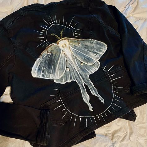 Upcycled Jacket Jean Jacket Bleach Art, Moth Jacket, Bug Clothing, Bleach Shirt Diy, Upcycled Jackets, Bleach Shirt, Shirt Diy, Luna Moth, California Art