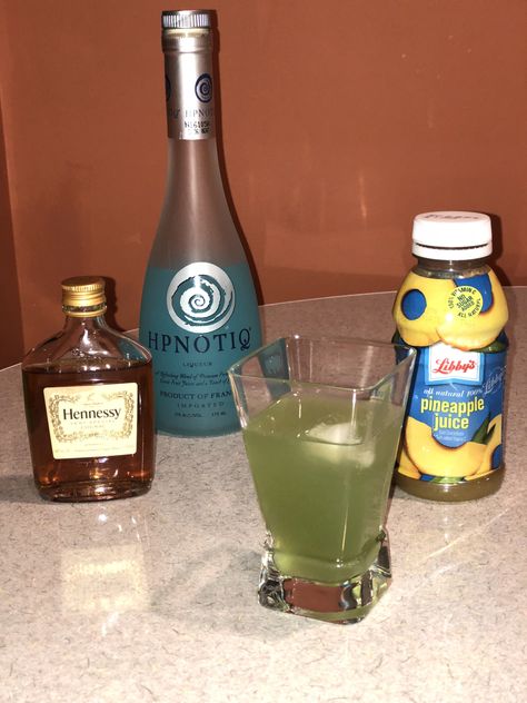 Incredible Hulk Drink 1/2oz Hennessy, 2 1/2oz HPNOTIQ mix with ice. Pour into glass add slash of pineapple juice. Incredible Hulk Drink, Hpnotiq Drinks, Hulk Drink, Hennessy Drinks, Drinks Liquor, Alcholic Drinks, Party Drinks Alcohol, Mixed Drinks Alcohol, Yummy Alcoholic Drinks