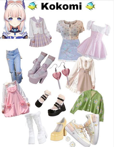 Kokomi Clothes Hcs, Kokomi Core Outfit, Kokomi Aesthetic Outfit, Kokomi Casual Cosplay, Genshin Inspired Outfits Casual, Kokomi Inspired Outfits, Kokomi Outfit Ideas, Kokomi Casual Outfit, Kokomi Outfit