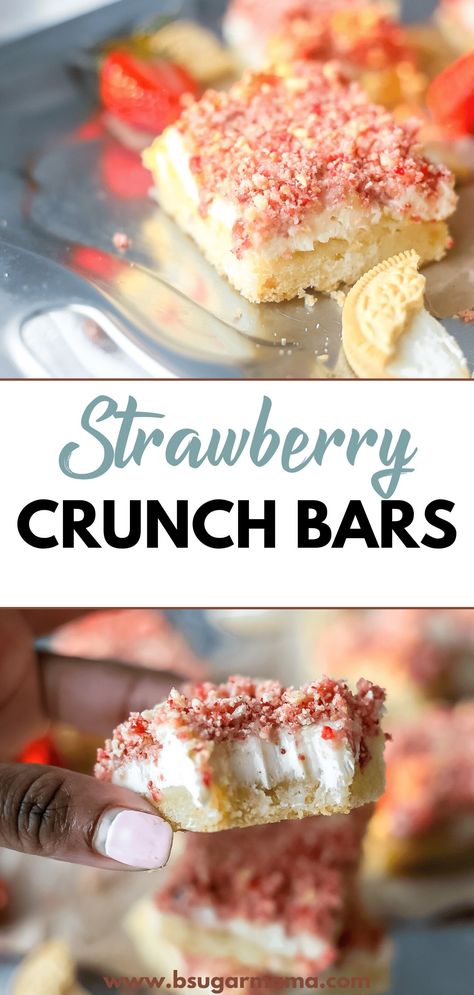 Looking for a delicious dessert that's perfect for any occasion? Try these scrumptious strawberry crunch cheesecake bars! With a creamy cheesecake filling and crunchy strawberry topping, these bars are sure to satisfy your sweet tooth. Customize the recipe to your liking and store them in the fridge for up to three days. Give them a try today! Strawberry Crunch Cheesecake Bars, Strawberry Crunch Bars, Strawberry Crunch Cheesecake, Strawberry Shortcake Bars, Crunch Cheesecake, Strawberry Cheesecake Bars, Cream Cheese Sugar Cookies, Strawberry Crunch, Crunch Bars