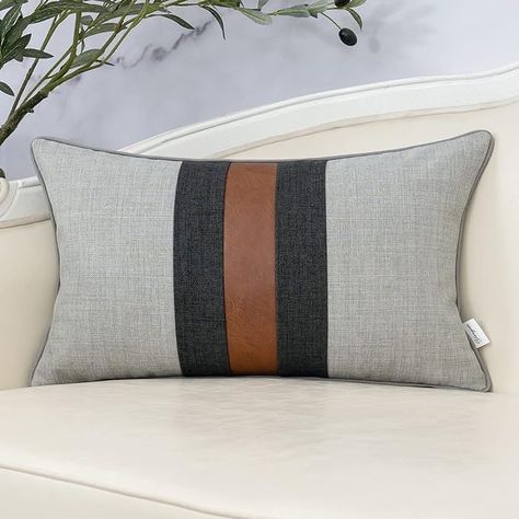 Amazon.com: Yangest Grey Patchwork Linen Lumbar Throw Pillow Cover Farmhouse Burlap Cushion Case Faux Leather Oblong Pillowcase for Sofa Couch Bedroom Living Room Home Decor, 12x20 Inch : Home & Kitchen Couch Bedroom, Leather Throw Pillows, Farmhouse Throw Pillow, Natural Cushions, Patchwork Pillow, Modern Throw Pillows, Brown Pillows, Garden Pillows, Cushion Inserts