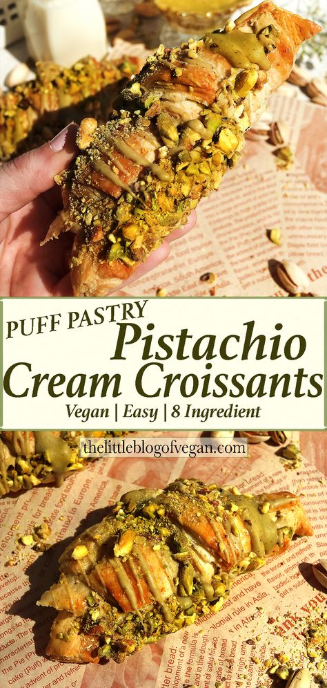 Pinterest pin of vegan pistachio cream croissants Vegan Gluten Free Croissants, Puff Pastry Croissants, Pistachio Recipes Desserts, Vegan Pistachio, Pistachio Dessert, Puff Pastry Cream Puffs, Pistachio Recipes, Vegan Pastries, Pistachio Butter