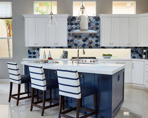 31 Nautical Coastal Kitchen Decor Ideas | Sebring Design Build Beach Themed Kitchen Decor, Kitchen Island With Granite Top, Beach Theme Kitchen, Beach Color Palettes, Coastal Paint Colors, Coastal Paint, Beach House Colors, Beach Style Kitchen, Nautical Kitchen