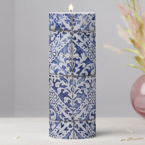 Portuguese Tiles - Azulejo Blue and White Floral Pillar Candle - Portugal gift idea Spanish Pattern, Tile Artwork, Portuguese Tile, Traditional Tile, Portuguese Tiles, Outdoor Floor Lamps, Blue And White Floral, Blue Tiles, Pillar Candle